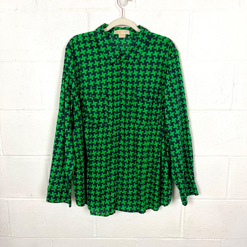 Michael Michael Kors Green Houndstooth Button Up Top Plus Size 3X Office Maximal